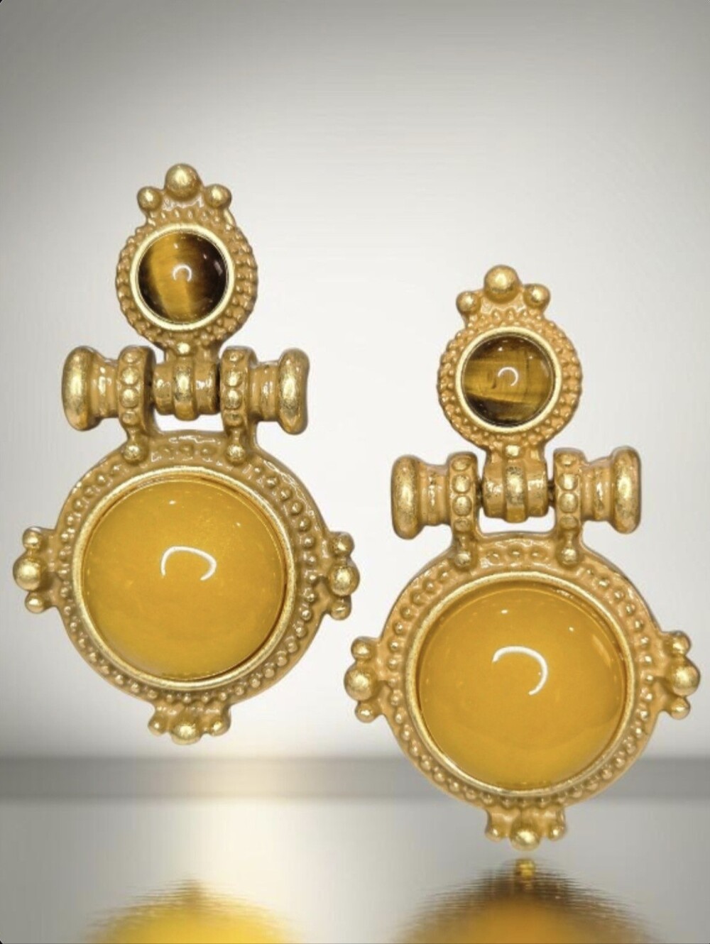 Matte Gold Plated Tigers Eye Butterscotch Byzantine Doorknocker Earrings